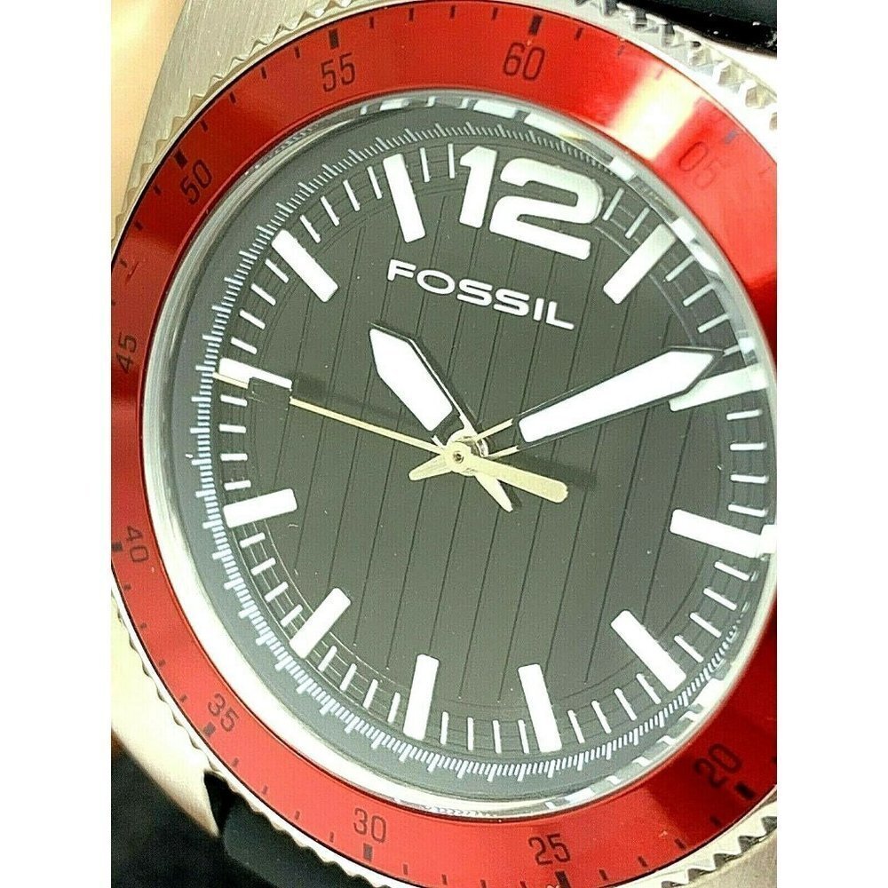 Fossil Men's Watch WB1042 Quartz Black Dial Silver Red Bezel 38mm Rubber…